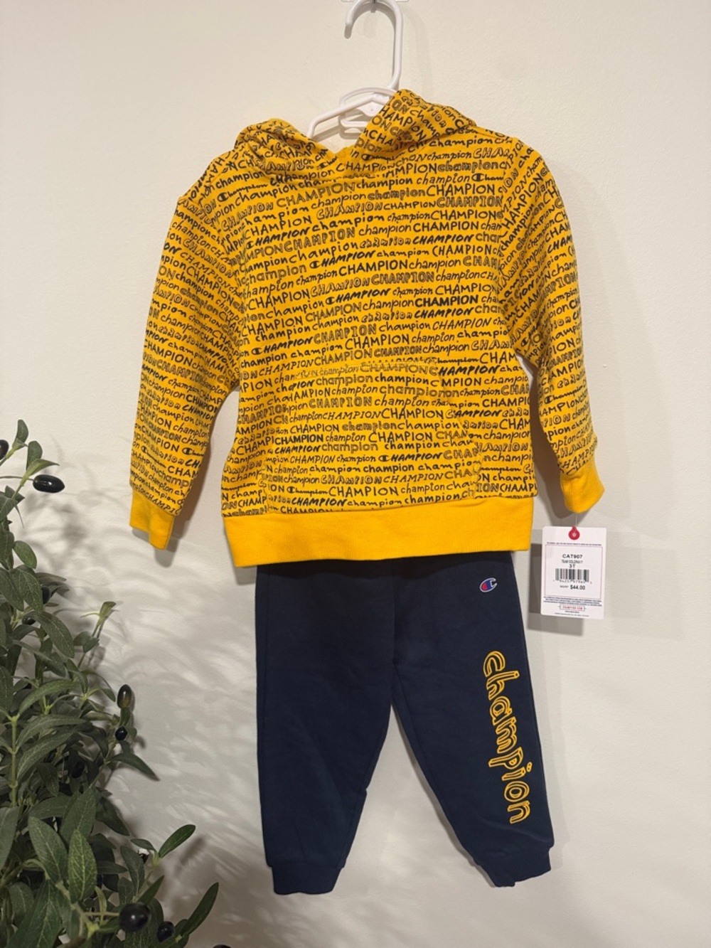 Champion Yellow Logo-Print Hoodie & Navy Joggers Set